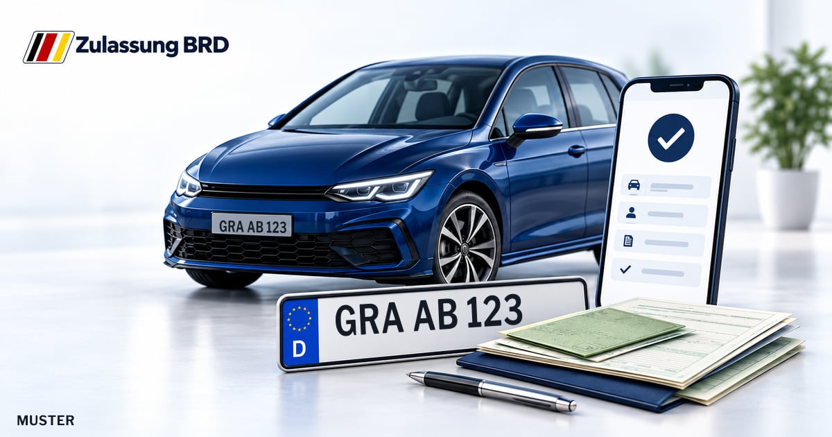 Online Fahrzeugzulassung in Grafenau: Musterkennzeichen GRA AB 123, Auto und Fahrzeugpapiere und Smartphone. Illustration mit Logo von Zulassung BRD.
